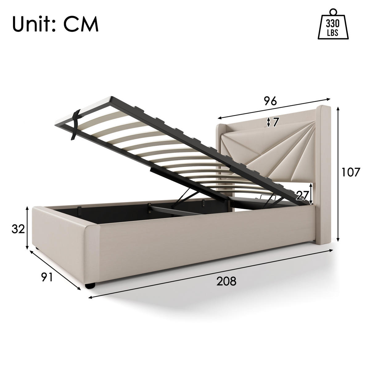 POLSTERBETT 90/200 cm Beige mit Bettkasten, Lattenrost und USB- und Type-C-Anschlüssen - Beige, Textil (90/200cm) - Flora Grace