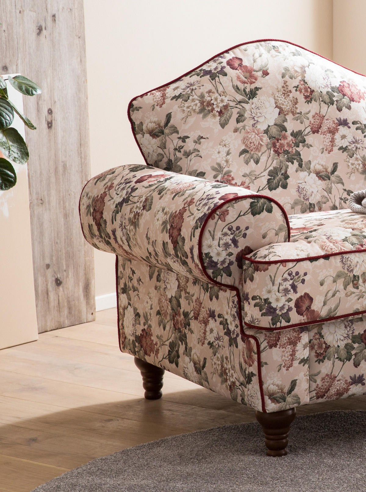 SESSEL creme Landhaus, Blumen Design, Loungesessel 110 cm - Rot/Multicolor, Holz/Textil (110/96/90cm) - Furn.Design