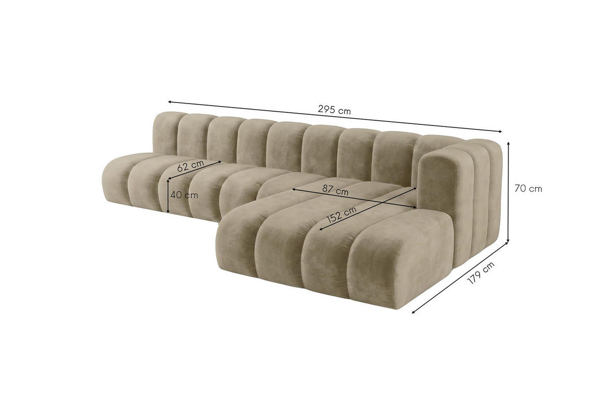 ECKSOFA Modulares In L-Form, Velvet-Stoff Riviera, Beige, Rechts, GRAND 295 cm - Beige, Holz (295/179cm) - Kaiser Möbel