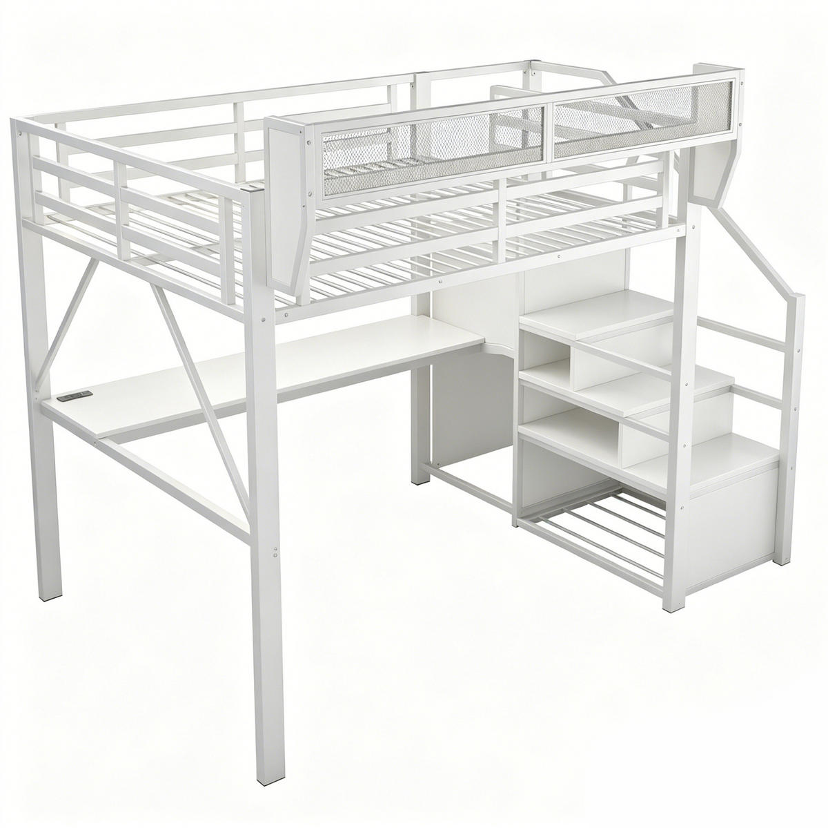 HOCHBETT 140/200 cm aus Metall mit Schreibtisch und LED-Lichtleiste, Weiß - Weiß, Metall (140/200cm) - OKMYHOME