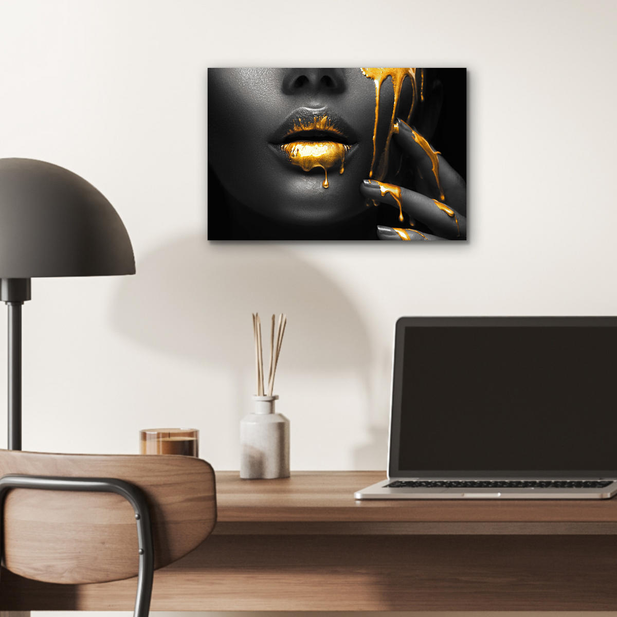 METALLBILD Frau - Schwarz - Gold - Gesicht - Lippen 30x20 cm - Goldfarben, Metall (30/20cm) - MuchoWow