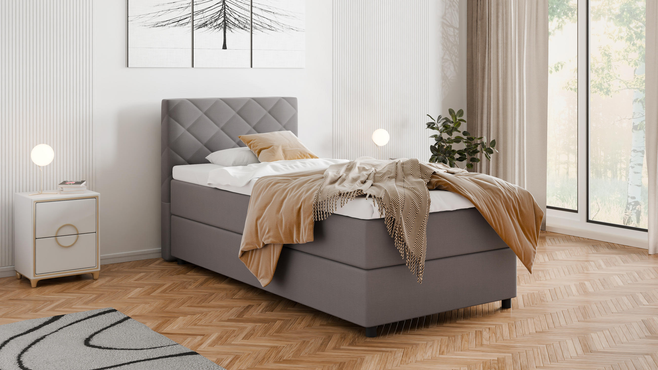 BOXBETT Diamaro 100x200 cm mit Bettkasten und Topper - Dunkelgrau - Grau, Holz (100/200cm) - Panda Möbel