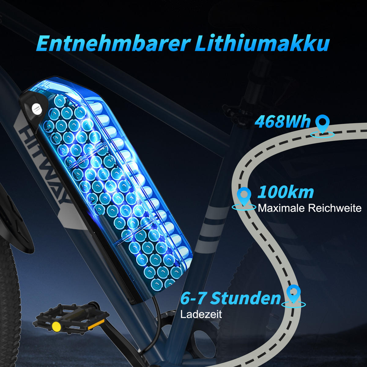 E-BIKE BK15P 27,5 Zoll ideal für Fahrer von 168 bis 195 cm Körpergröße - Blau, Metall (76cm) - HITWAY