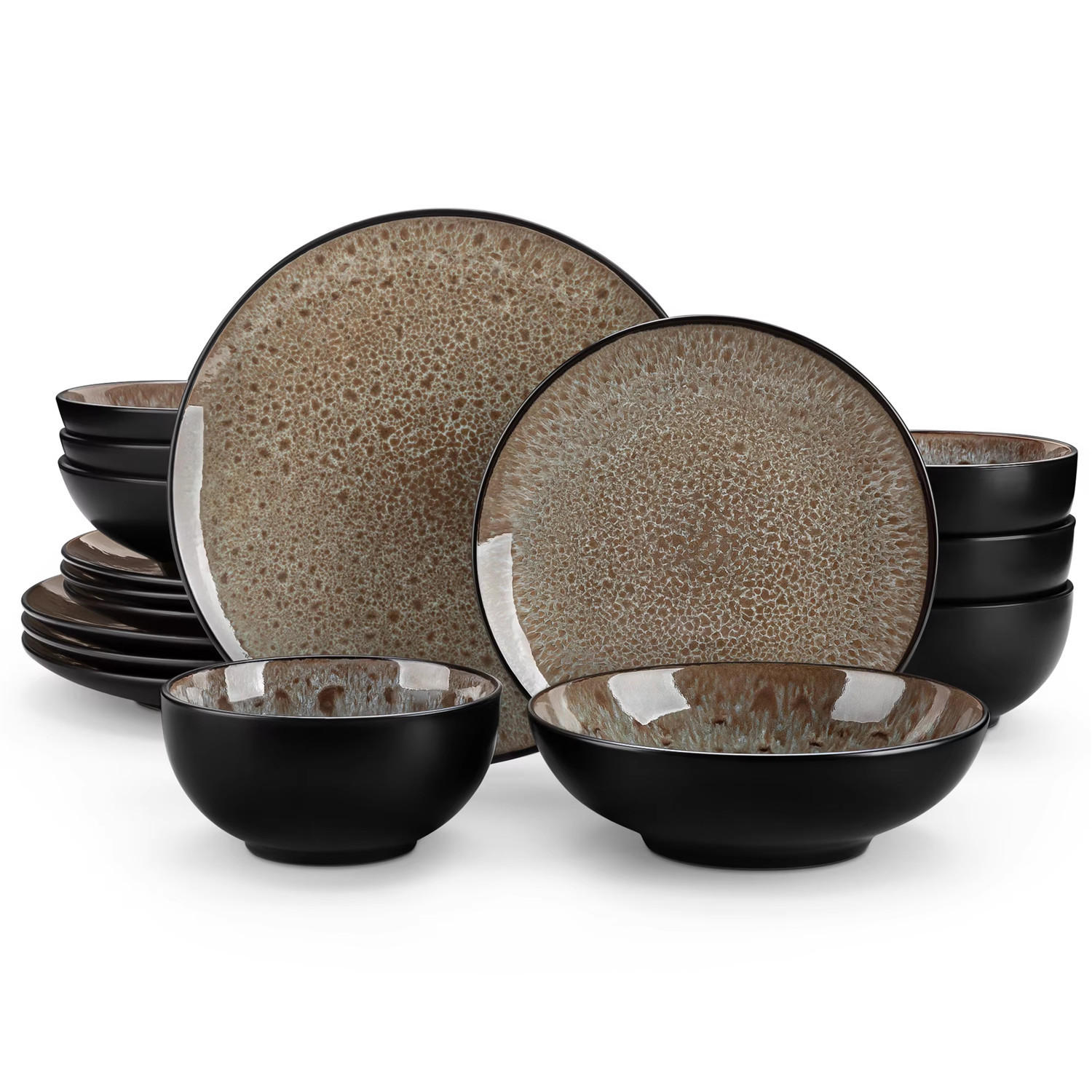 KOMBISERVICE 16-teilig aus Steinzeug, Braun, Geschirrset für 4 Personen - Schwarz, Keramik (27.3/3.3/27.3cm) - Kaket