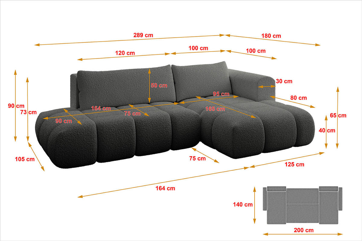 ECKSOFA Ottomane Rechts CLOUD-L 289x180x40 Grau Bouclé - Grau, Holzwerkstoff/Kunststoff (289/180cm) - ALTDECOR