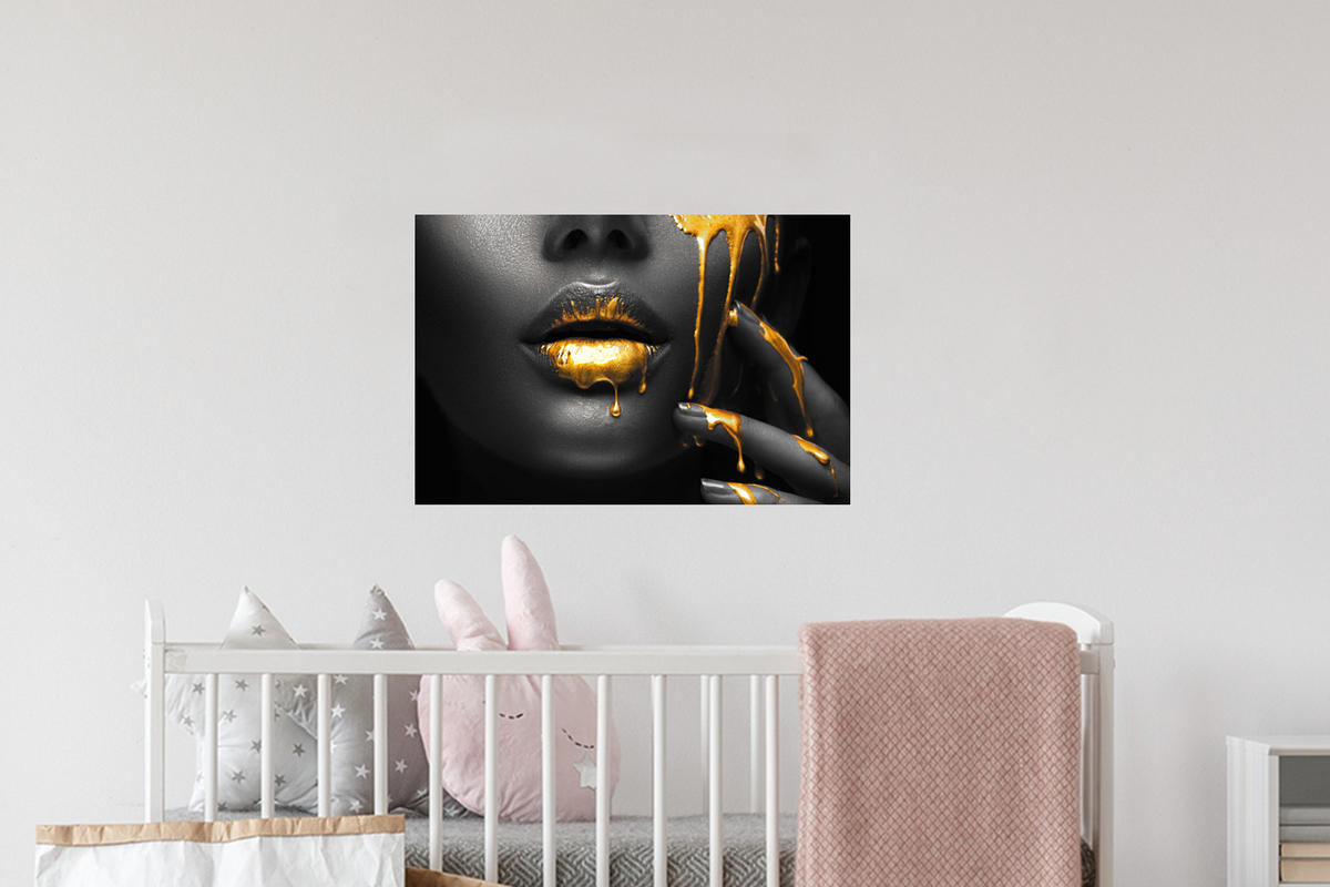 WANDTATTOO Frau - Schwarz - Gold - Gesicht - Lippen 60x40 cm - Goldfarben, Kunststoff (60/40/0.1cm) - MuchoWow