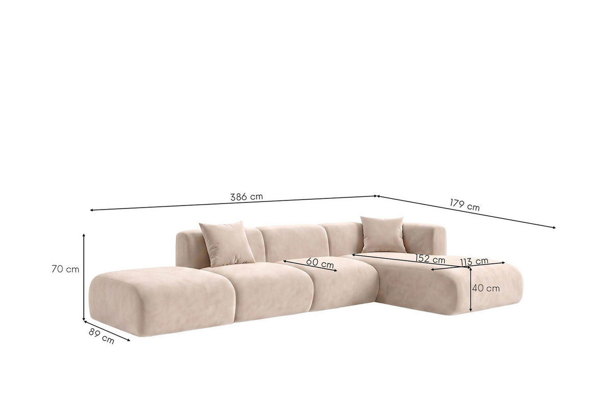 ECKSOFA L-Form Mit Hocker, Velvet-Stoff Bluvel, Creme, Rechts, GRETA - Creme, Holz (386/179cm) - Kaiser Möbel