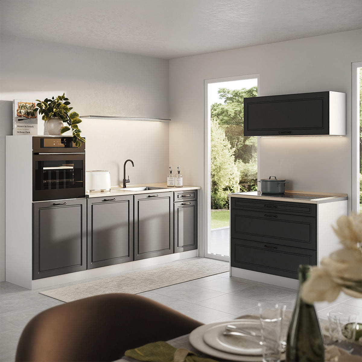 KÜCHENZEILE R-Line, Anthrazit Landhaus/Weiß, 220 cm Arbeitsplatte Anthrazit - Anthrazit/Weiß, Holzwerkstoff (220/143/60cm) - Vicco