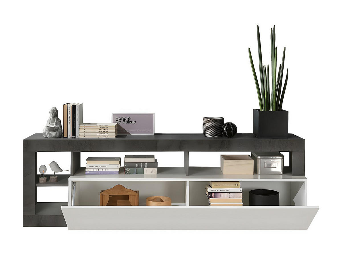 TV-MÖBEL mit 1 Tür & 4 Ablagen - Weiß lackiert & Beton-Optik - SEFRO - Grau, Holz (42/58/184cm) - Vente-Unique