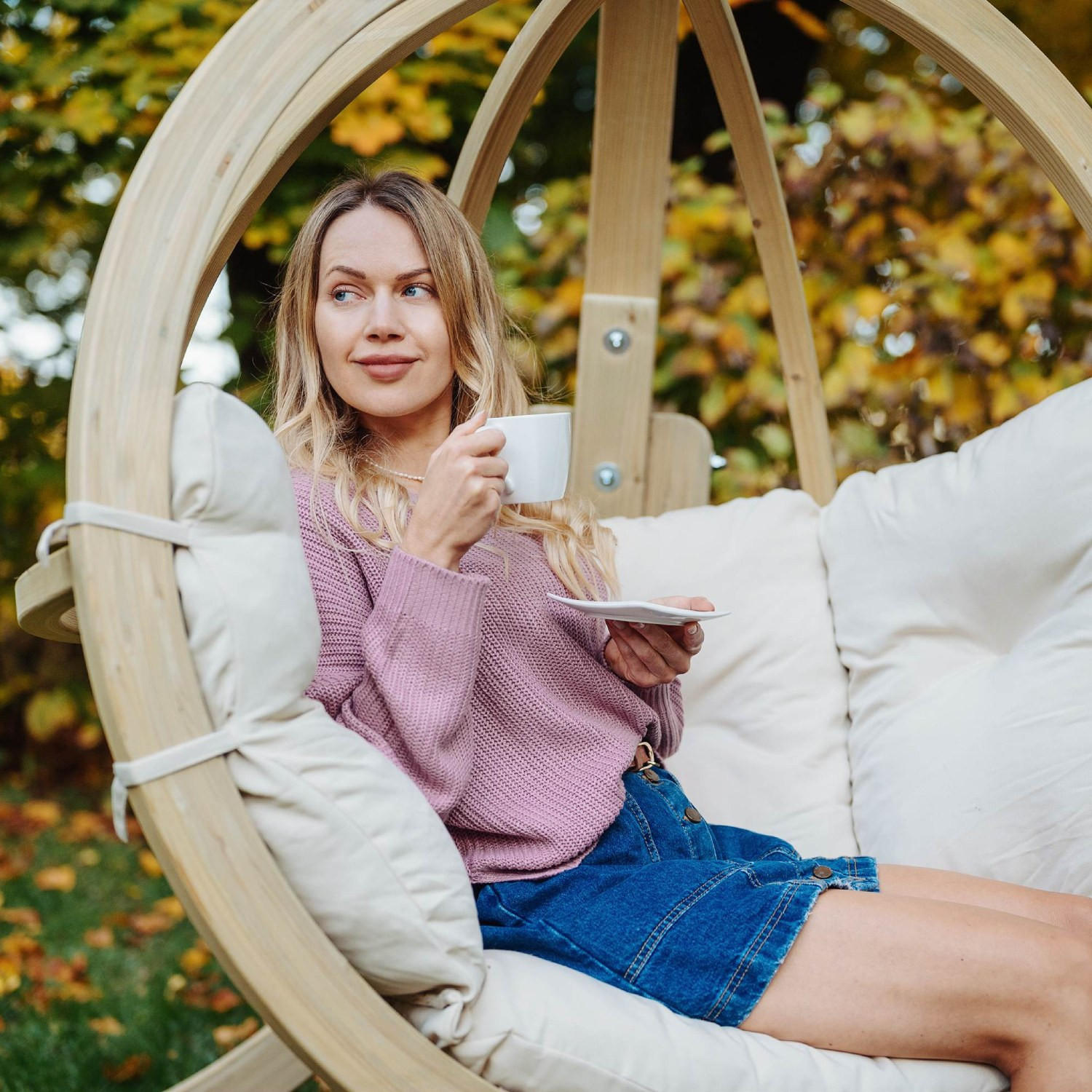 Thumbnail - Konsimo® Hängesessel, Creme, Holz, Textil, Rund, 120x82x120 cm, Hergestellt in Europa, Gartenmöbel, Hängesessel