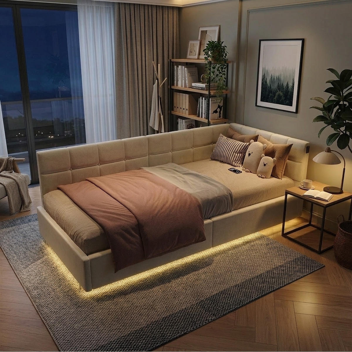 TAGESBETT 90/200 cm in Beige mit LED, Stauraum & USB-Ladestation - Beige, Holz/Metall (90/200cm) - PARAFTA HOME