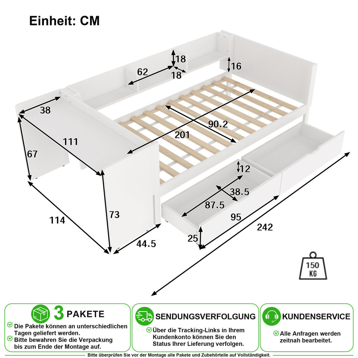 KINDERBETT 90/200 cm in Weiß mit Schreibtisch, 2 Schubladen und Regal - Weiß, Holz/Holzwerkstoff (90/200cm) - CHICFURN