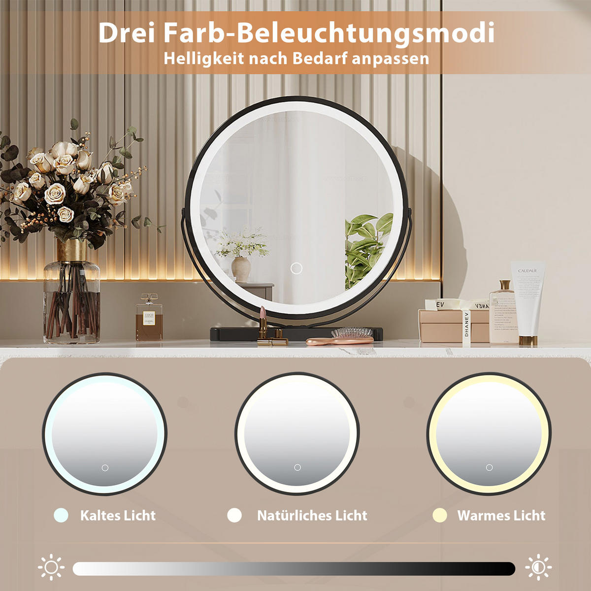 SCHMINKTISCH in Weiß Schminktisch mit LED Spiegel ,Hocker ,2 Schubladen und Marmoroptik für Schlafzimmer,B100/T40/H120cm - Schwarz/Weiß, Holzwerkstoff/Metall (100/120/40cm) - STILVORA