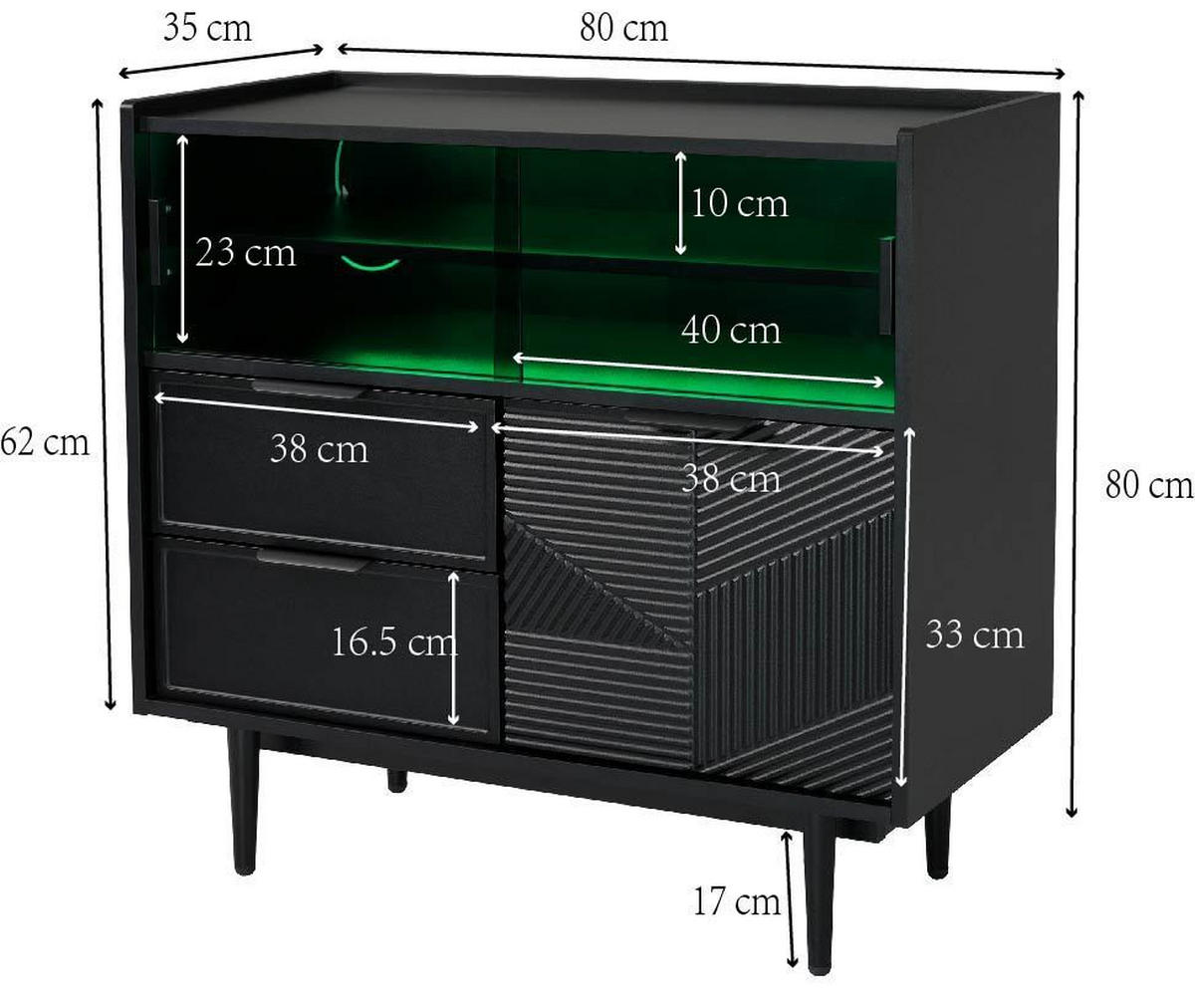 SIDEBOARD in Schwarz Aufbewahrungsschrank , mit LED-Lichtleiste Glastür Stauraum Badmöbel B80/T35/H80cm - Transparent/Schwarz, Glas/Holzwerkstoff (80/80/35cm) - STILVORA