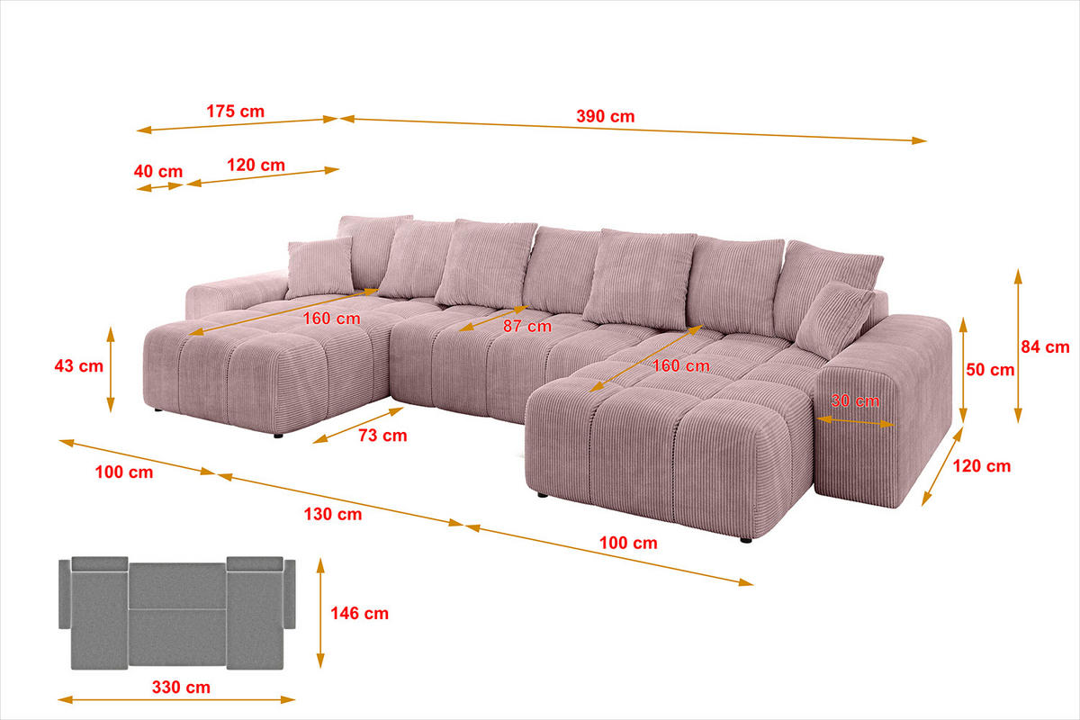 WOHNLANDSCHAFT ENIL-U 390x175x84 Rosa Cord - Rosa, Holzwerkstoff/Kunststoff (390/84/175cm) - ALTDECOR