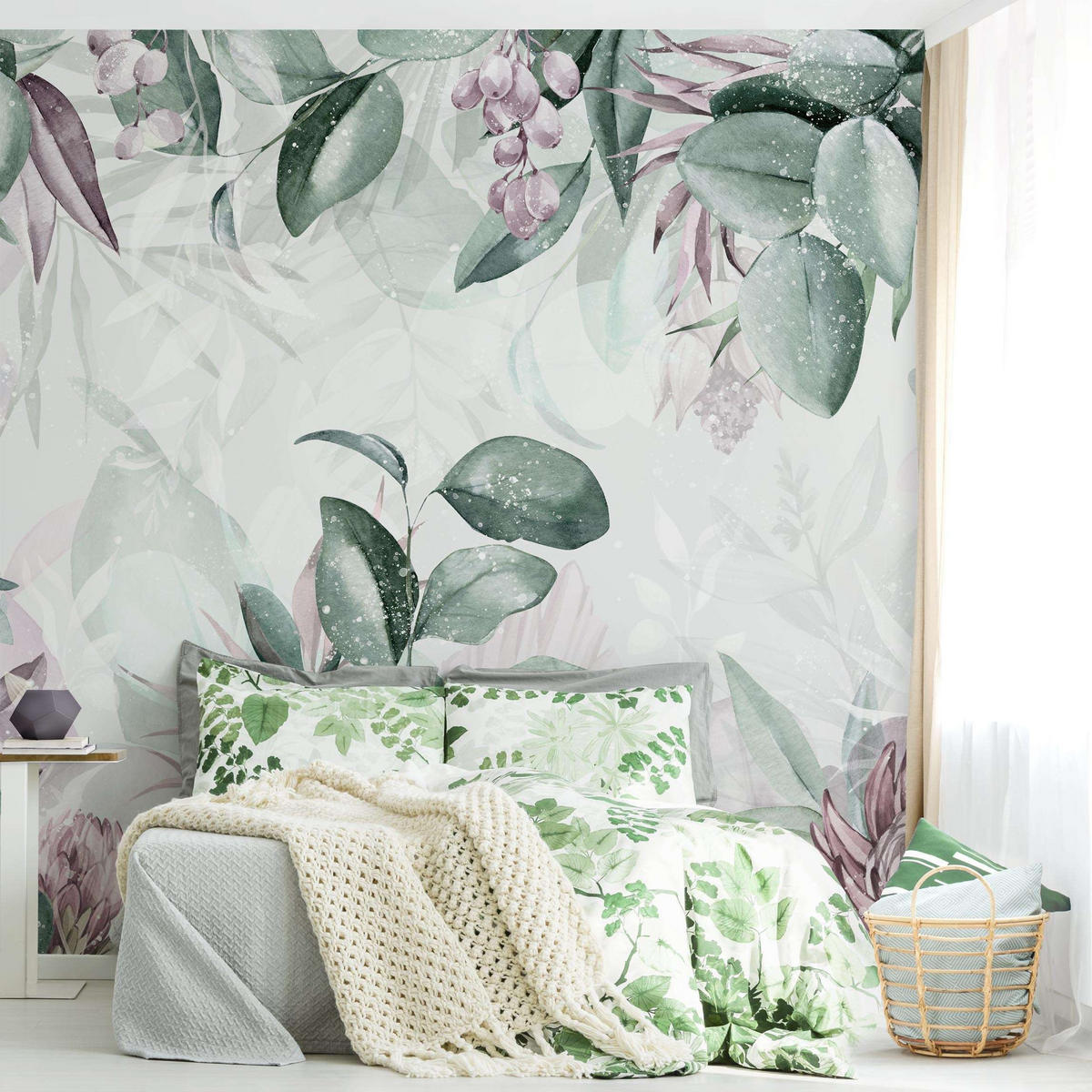FOTOTAPETE Botanik in Pastell Grün & Rosa 288/288 cm - Grün, Papier (288/288cm) - Bilderwelten