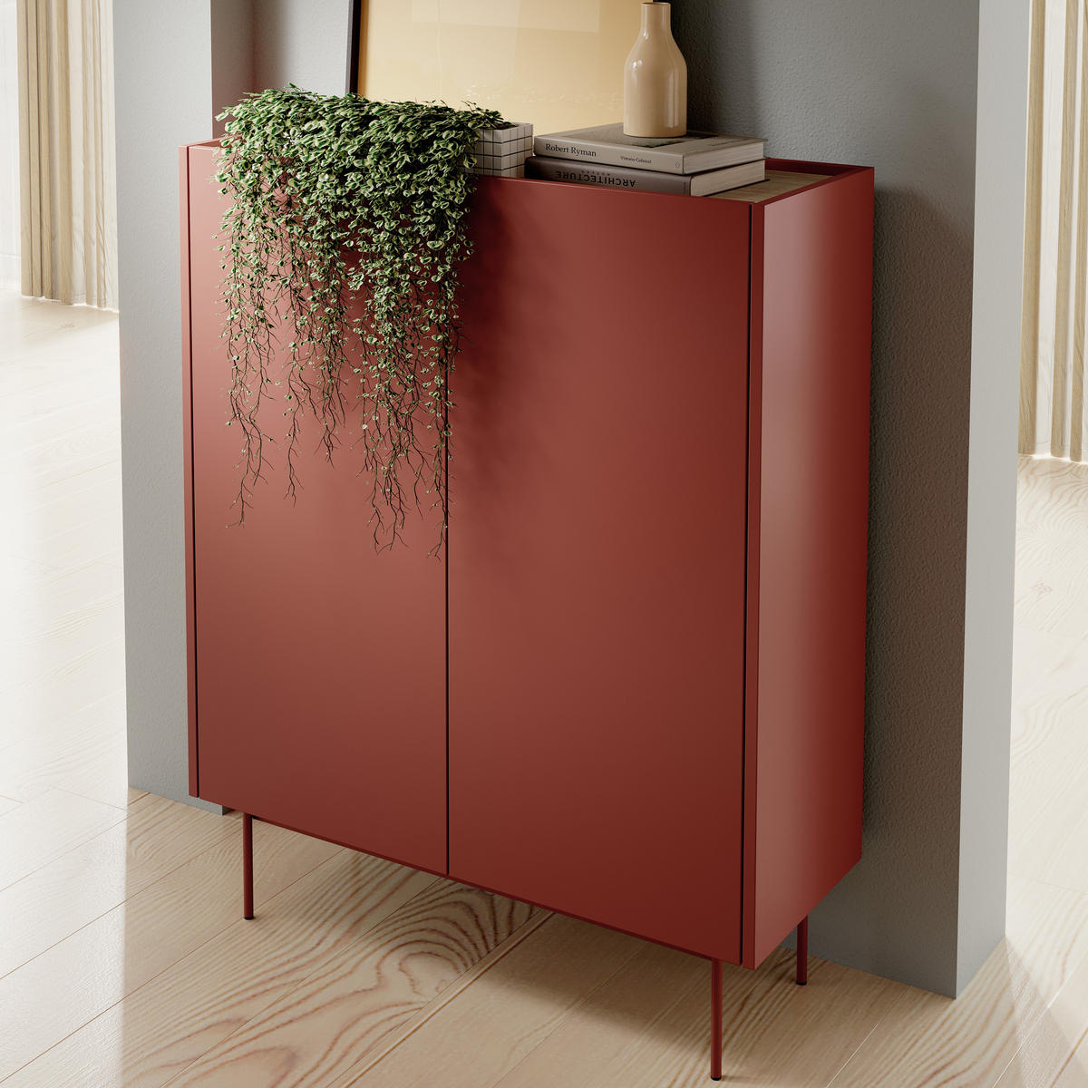 MODERNE Hochkommode LUMO KW2D (Ceramic Red, Eiche Linea, Metallfüße, Soft-Close) - Eichefarben/Rot, Holz/Holzwerkstoff (97/122/37cm) - Ravio
