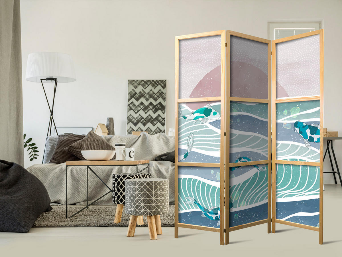 PARAVENT Japanischer 3-tlg 135x172 cm Koi-Fische Meereswellen - Multicolor, Holz/Textil (135/172/3cm) - Muralo
