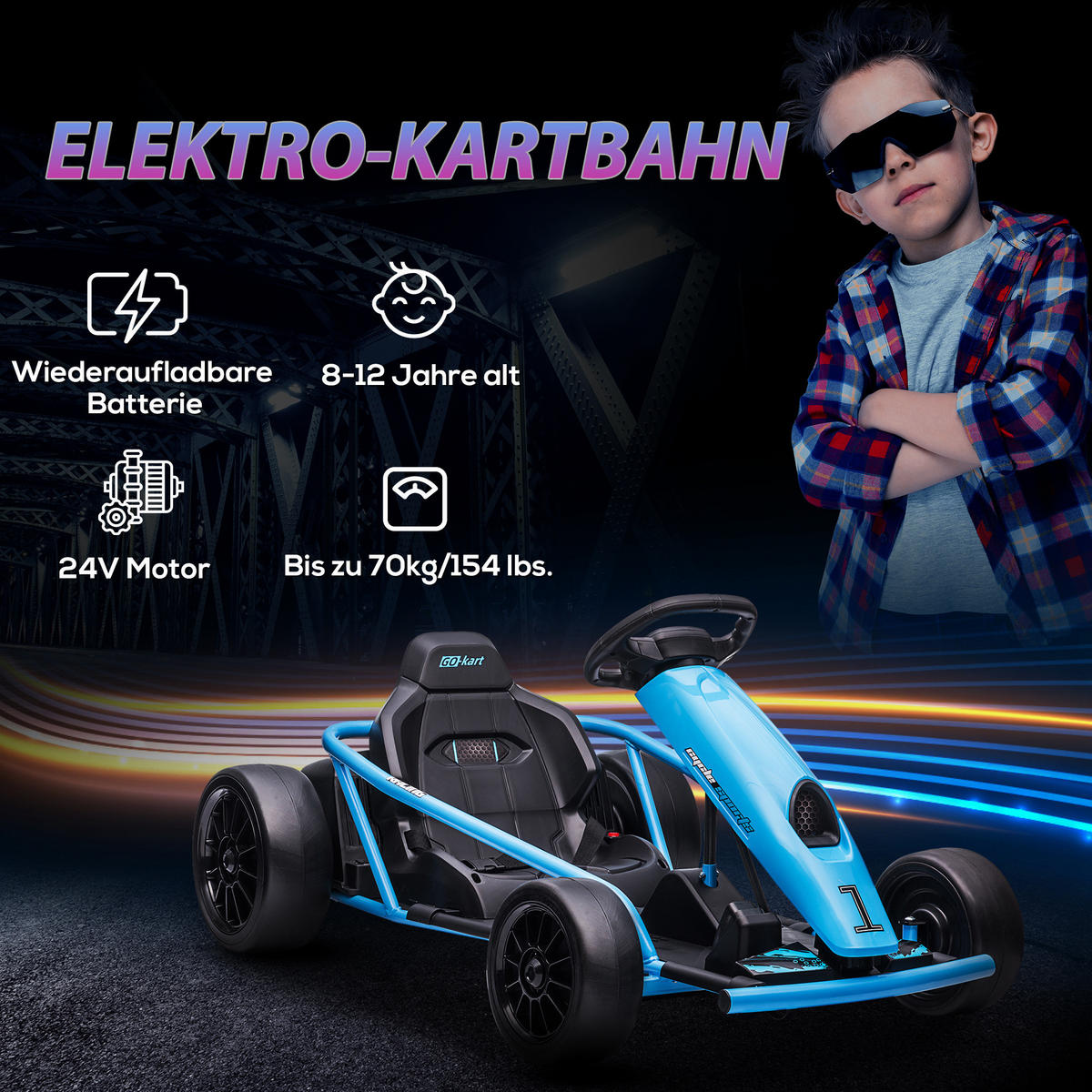 KINDER Elektro Gokart - Blau, Kunststoff/Metall (115/77/54cm) - HOMCOM