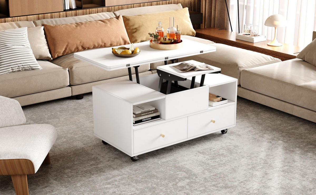 COUCHTISCH höhenverstellbar, klappbar mit 4 Schubladen, MDF, 100/50/47,5–62 cm, Weiß - Weiß, Holzwerkstoff (100/50/47.5cm) - Redom