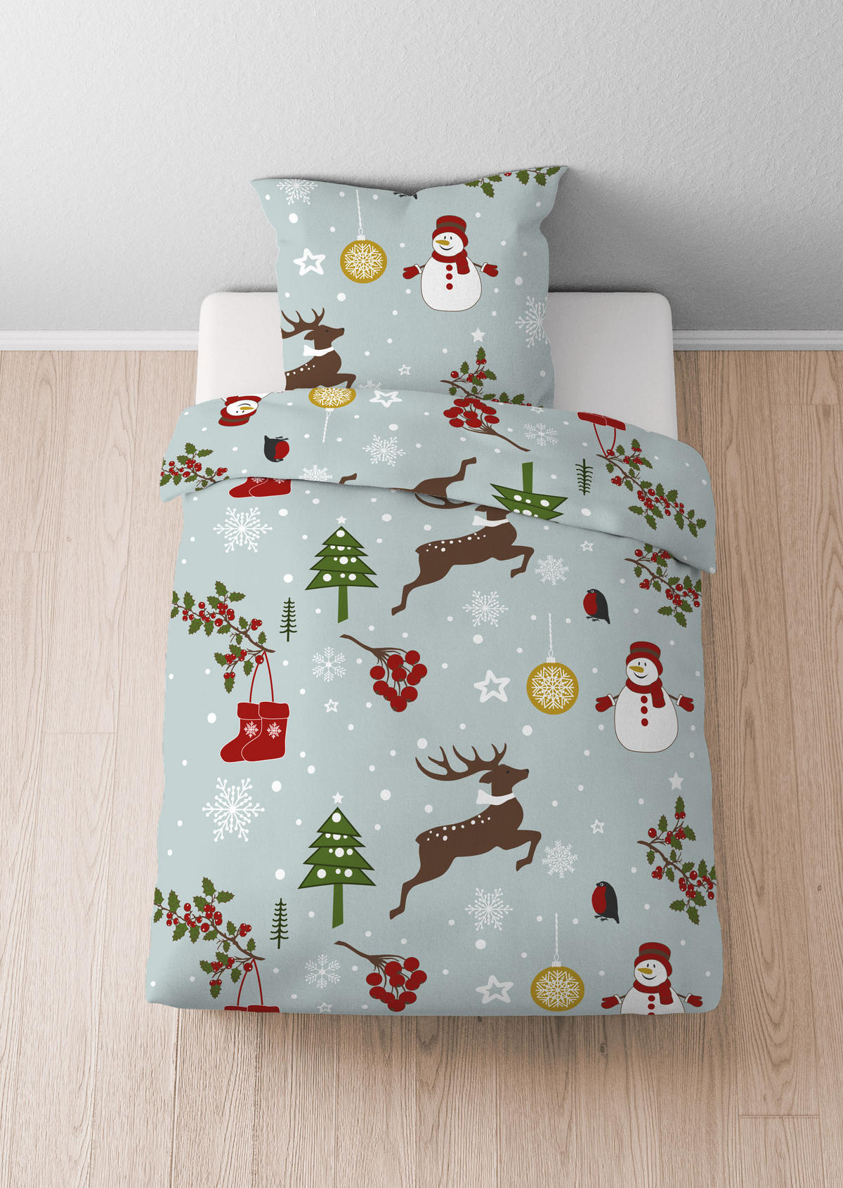 BETTWÄSCHE-GARNITUR Biber Weihnachten taubenblau, 155x220 cm + 80x80 cm - Blaugrau, Textil (155/220cm) - Castell