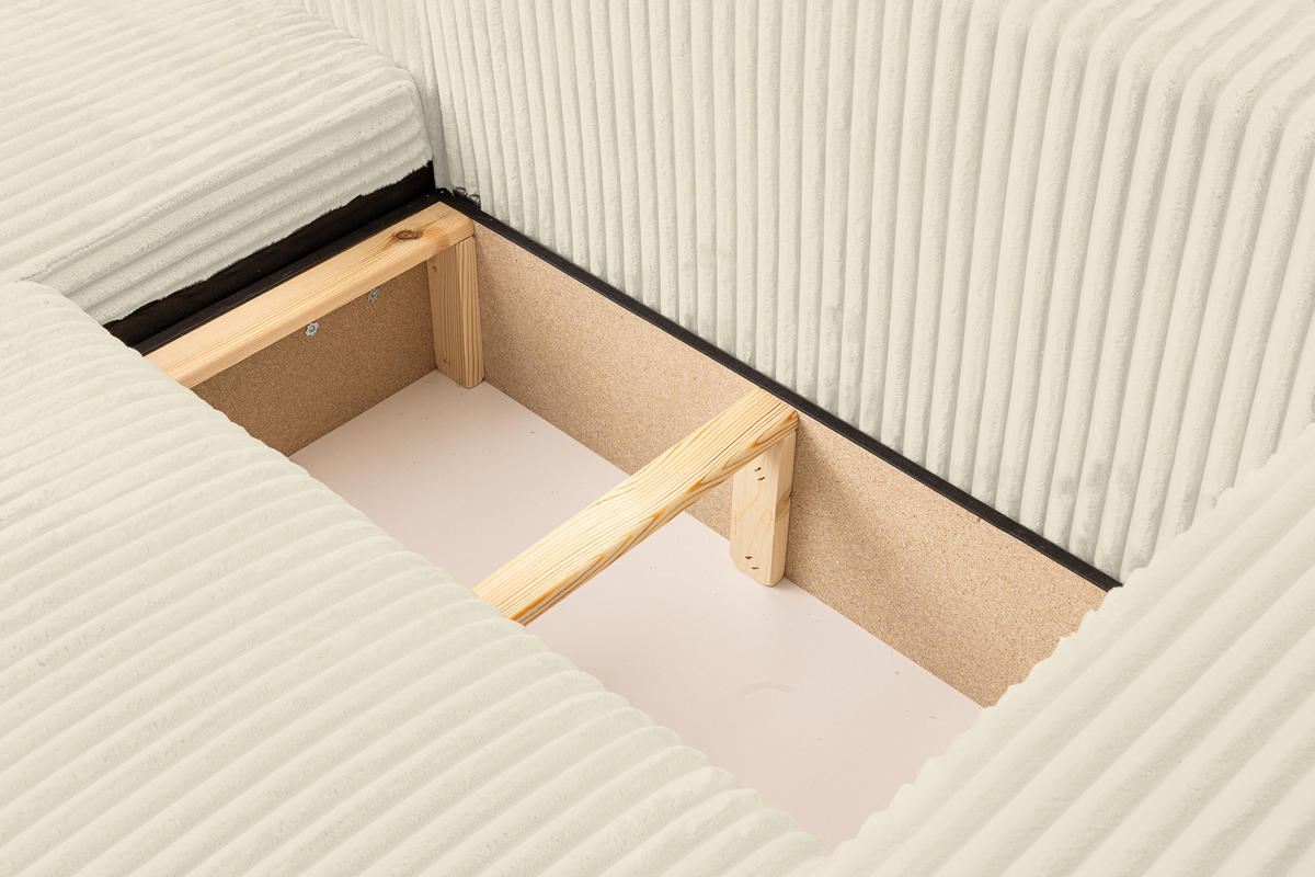 ECKSOFA Tilly, Eckcouch in L-Form mit Schlaffunktion und Bettkasten, Farbe: Beige, Cordstoff, Ottomane Universal - Beige, Textil (244/142cm) - VENASI MÖBEL