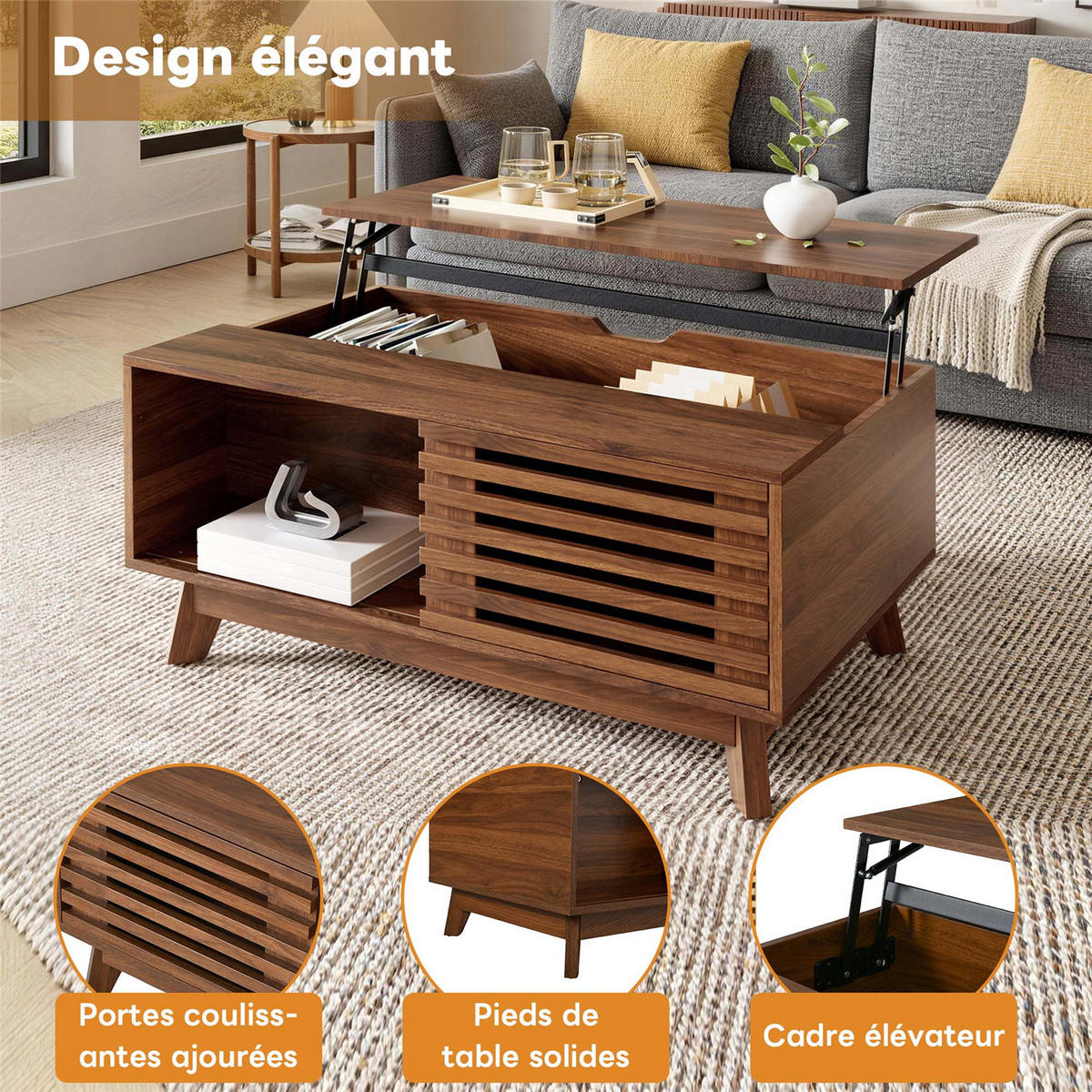 COUCHTISCH höhenverstellbar Jalousietür Walnuss MDF - Braun, Holz (90/55/57.5cm) - Kaket