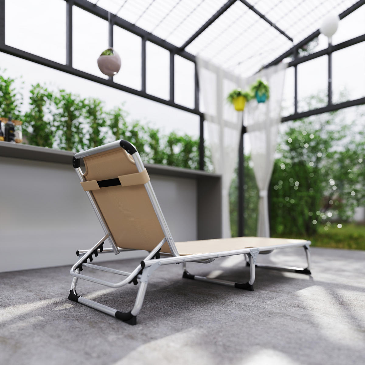 SONNENLIEGE DE-15616 klappbar, 4-fach verstellbar mit Kopfkissen Beige - Beige, Metall (60/76/165cm) - ComfortXL