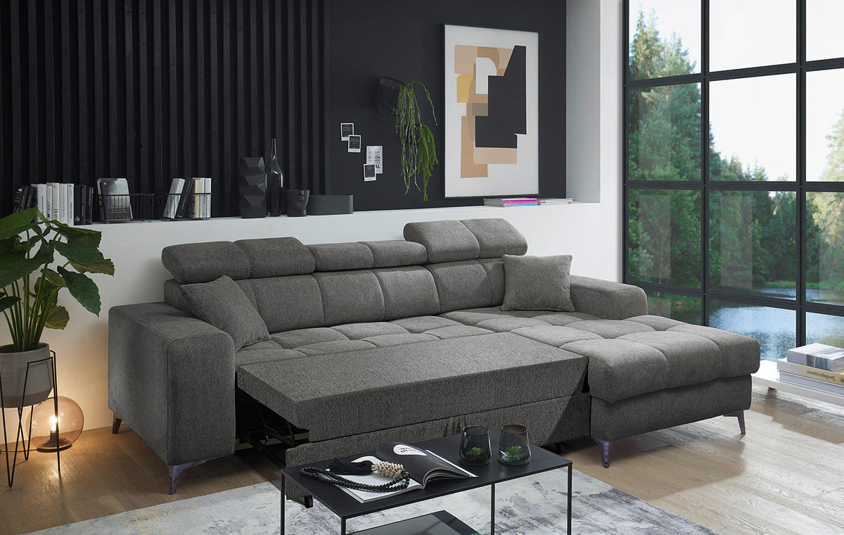 ECKSOFA mit Longchair - Kopfstütze verstellbar, Schlaffunktion, Bettkasten - Anthrazit/Schwarz, Kunststoff/Textil (268/172cm) - home24