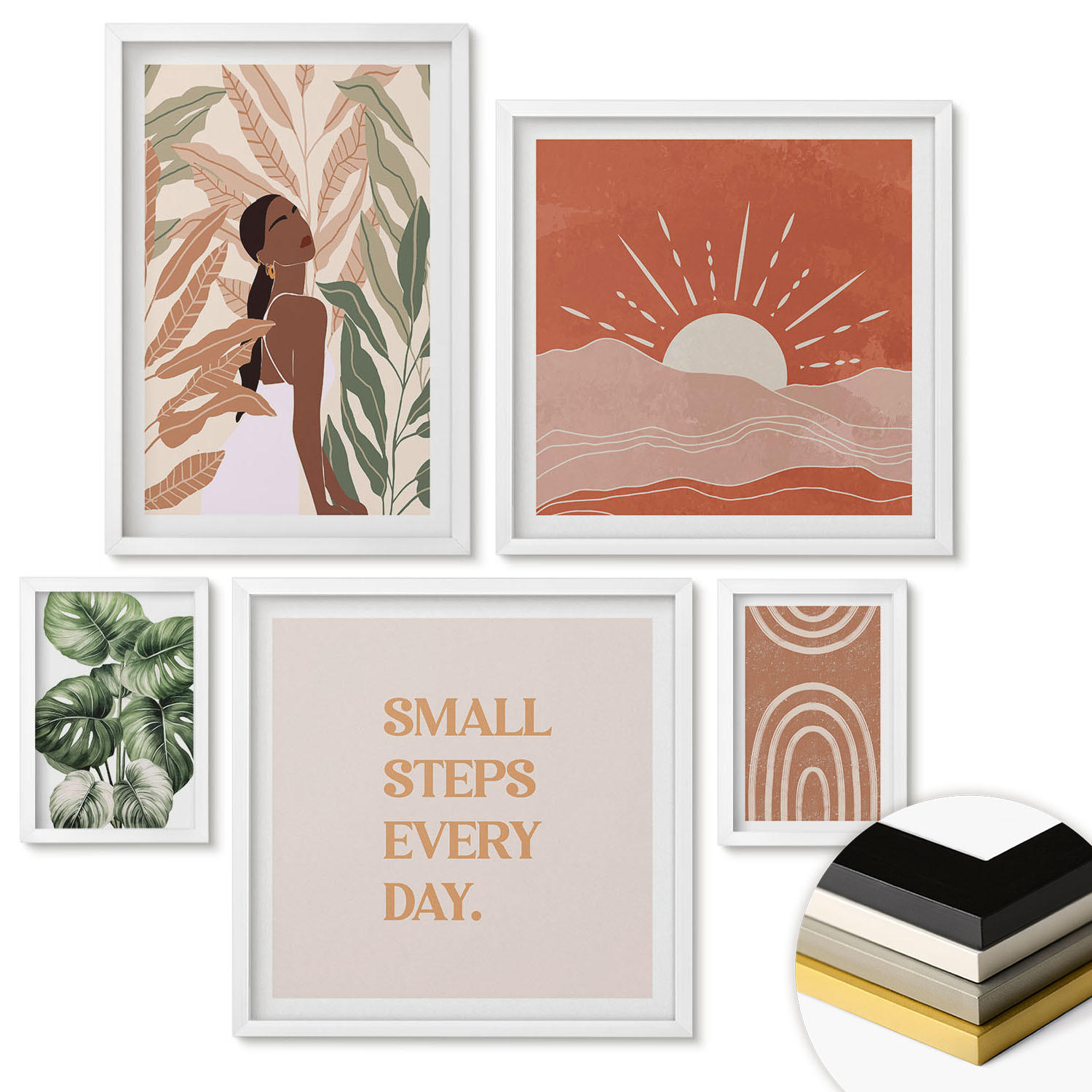 WANDBILDER 5er-Set - 50x50 cm & 20x30 cm & 40x60 cm Weißer Rahmen - abstrakte Formen im Boho-Stil - Weiß, Kunststoff (40/60cm) - ArtPrintCave