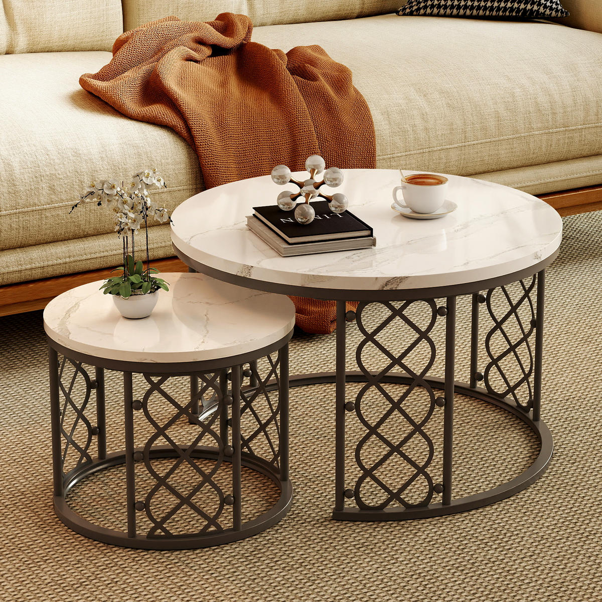 COUCHTISCH 2-teiliges Set 70/70/45 cm und 45/45/37 cm Weiß und Schwarz Stapelbar mit Stahlrahmen - Weiß, Holzwerkstoff (70/70/45cm) - OKWISH