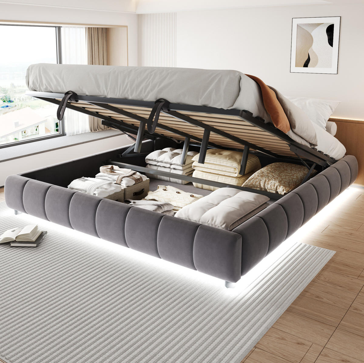 POLSTERBETT 180/200 cm Grau aus Flanellstoff mit Bettkasten und LED-Lichtleiste - Grau, Textil (180/200cm) - OKMYHOME