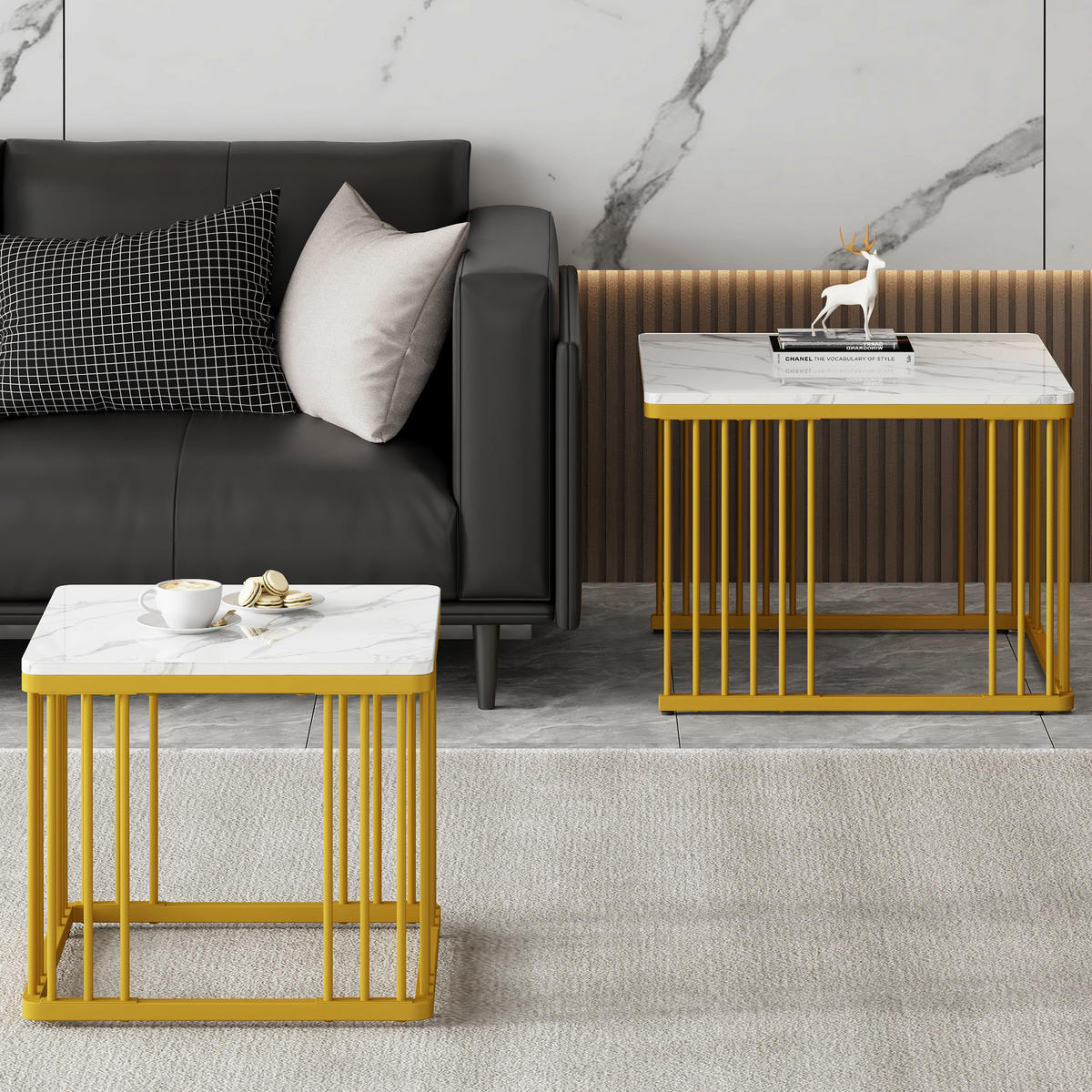 COUCHTISCH 2er-Set ineinanderschiebbar 60 x 60/45 x 45 cm Marmoroptik Weiß - Weiß, Metall (60/60/45cm) - Meubliv