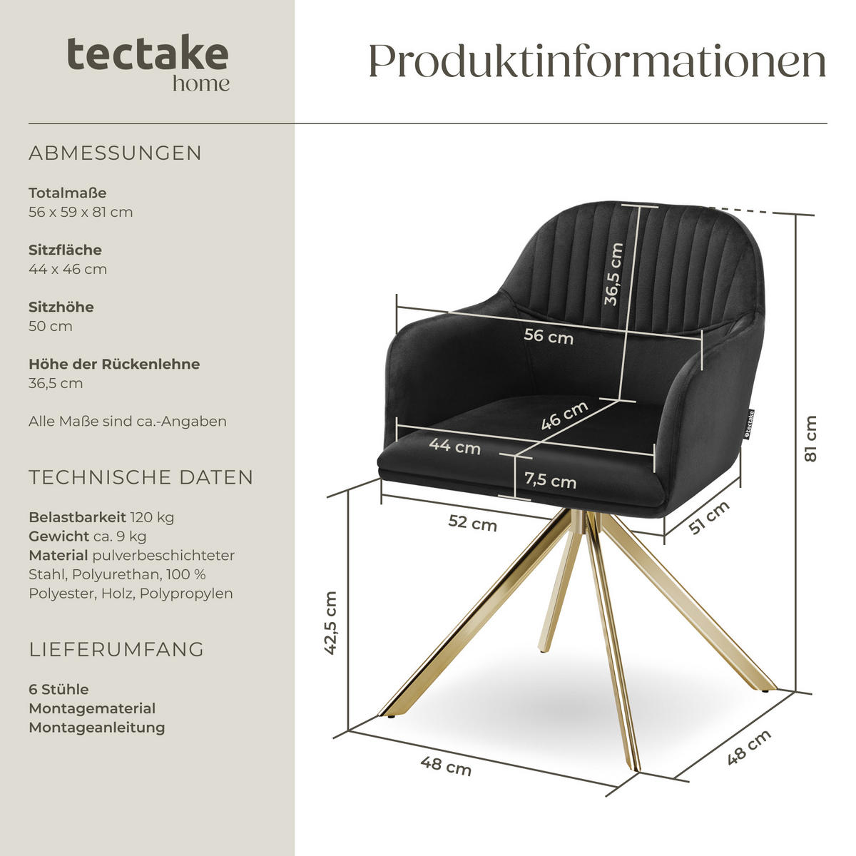 DREHSTUHL 6er Set Lona 56 x 59 x 81 cm schwarz/gold - Goldfarben/Schwarz, Textil (56/81/59cm) - tectake