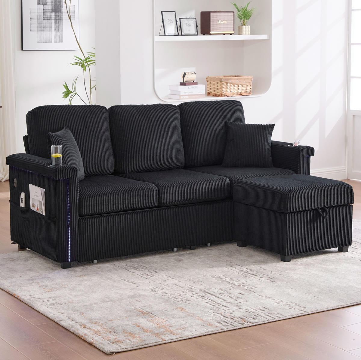 SOFA mit LED und USB/Type-C ca. 194 x 73 x 81 cm Corduroy Schwarz - Schwarz, Kunststoff (194/81/73cm) - Meubliv