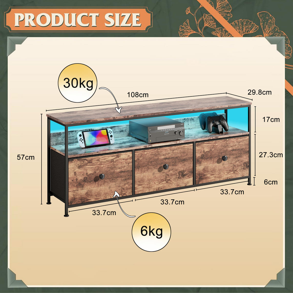 LED TV-TISCH 108cm 3 Vintage Schubladen Metallgestell - Multicolor, Holzwerkstoff (29.8/57/108cm) - SHOPENTRA