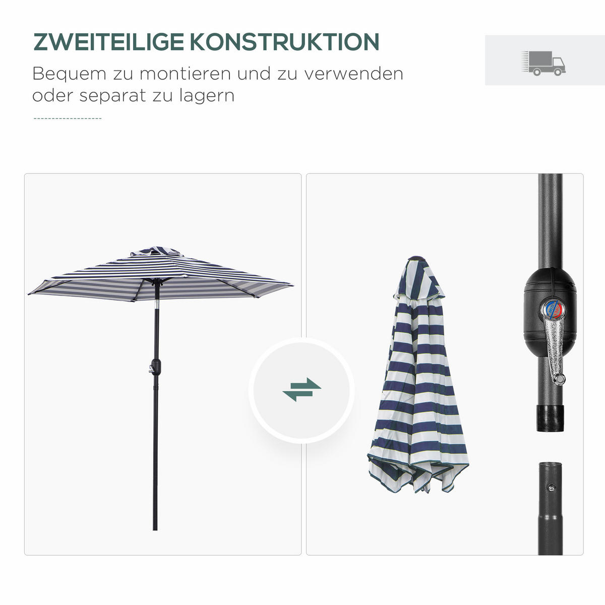 SONNENSCHIRM, Metall, Polyester, Blau+Weiß - Blau/Weiß, Metall (230/230cm) - Outsunny