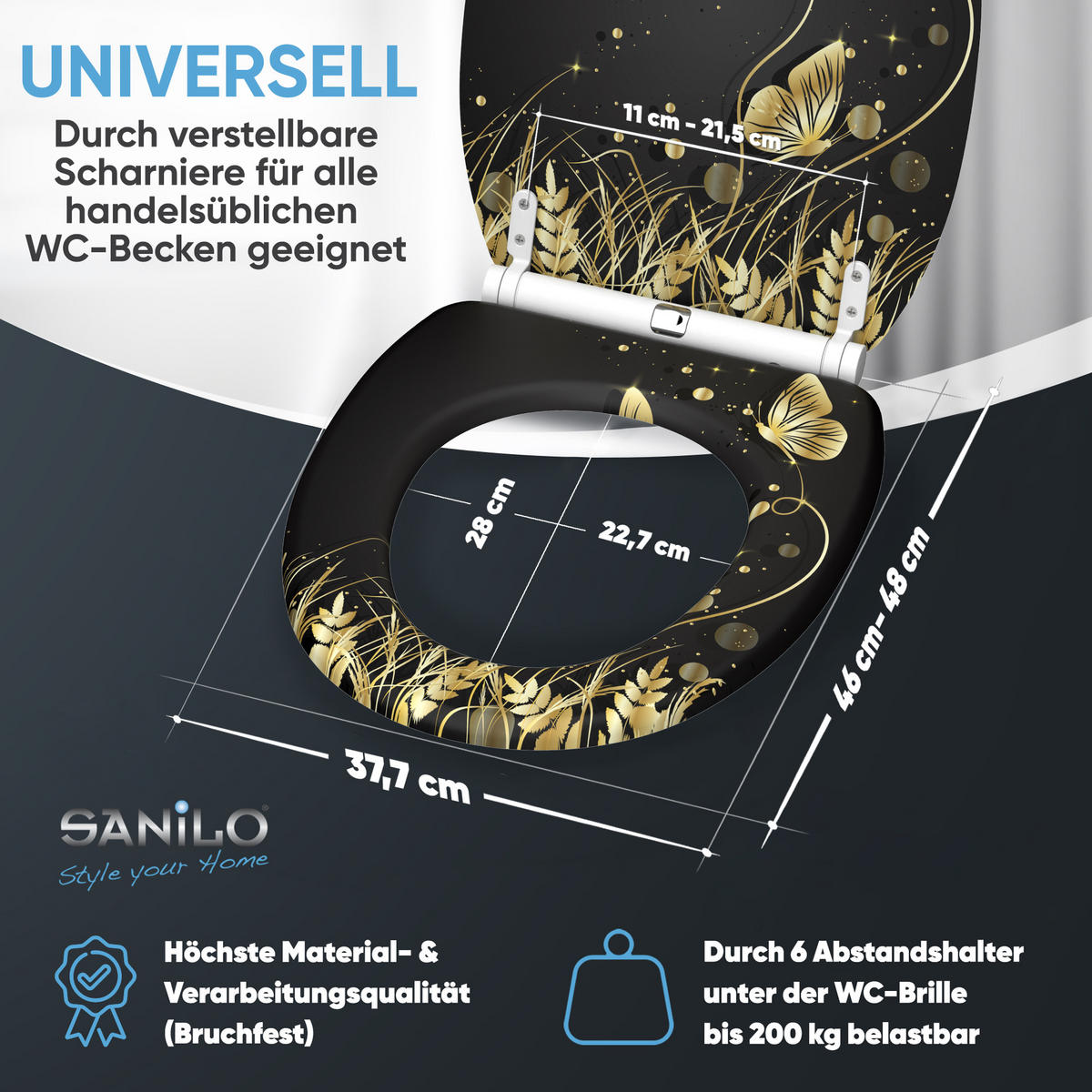 WC-SITZ mit Absenkautomatik & Top Fix Silhouette - Schwarz, Holzwerkstoff (37.7/5.5/48cm) - Sanilo