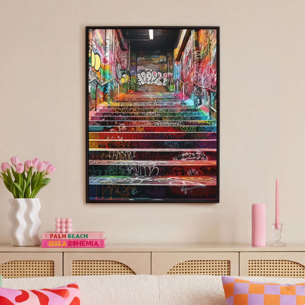 LEINWAND Bilder mit Rahmen - Treppe - Graffiti - Farben - Kunst - 70x100 - Multicolor, Textil (70/100cm) - MuchoWow