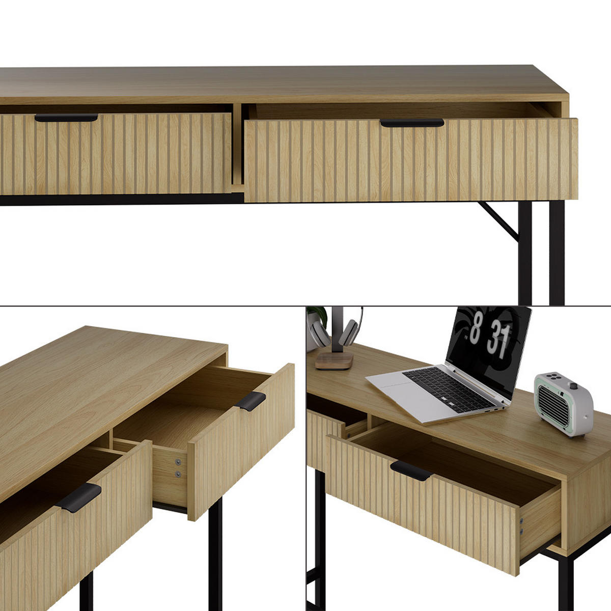 SCHREIBTISCH Lennox Eiche 100 x 30 cm mit 2 Schubladen - Eichefarben/Schwarz, Holzwerkstoff (30/100/75cm) - Vicco