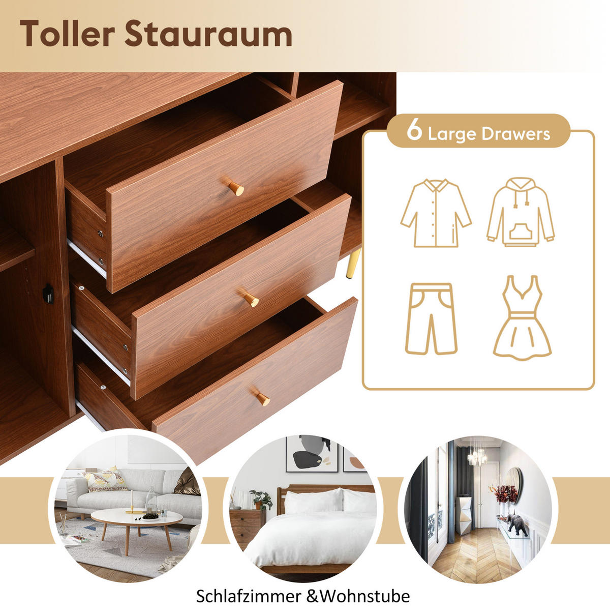 KOMMODE 150/40/90 cm aus Holzwerkstoff und Metall mit höhenverstellbarem Fachboden Nussbaum - Naturfarben, Metall (150/90/40cm) - Modenvie