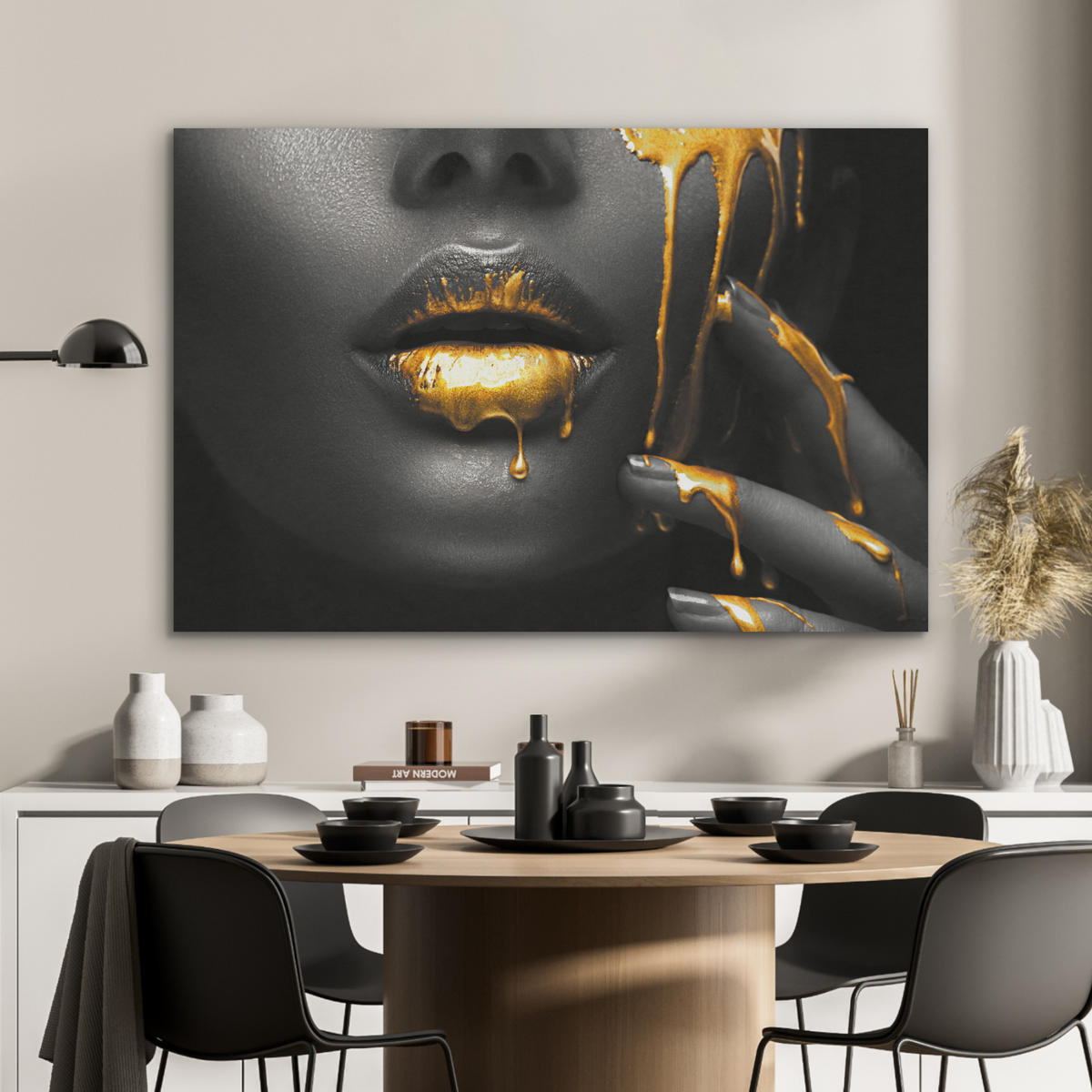 AKUSTIKBILD Frau - Schwarz - Gold - Gesicht - Lippen Akustikpaneele 90x60 cm - Goldfarben, Kunststoff (90/60/0.9cm) - MuchoWow