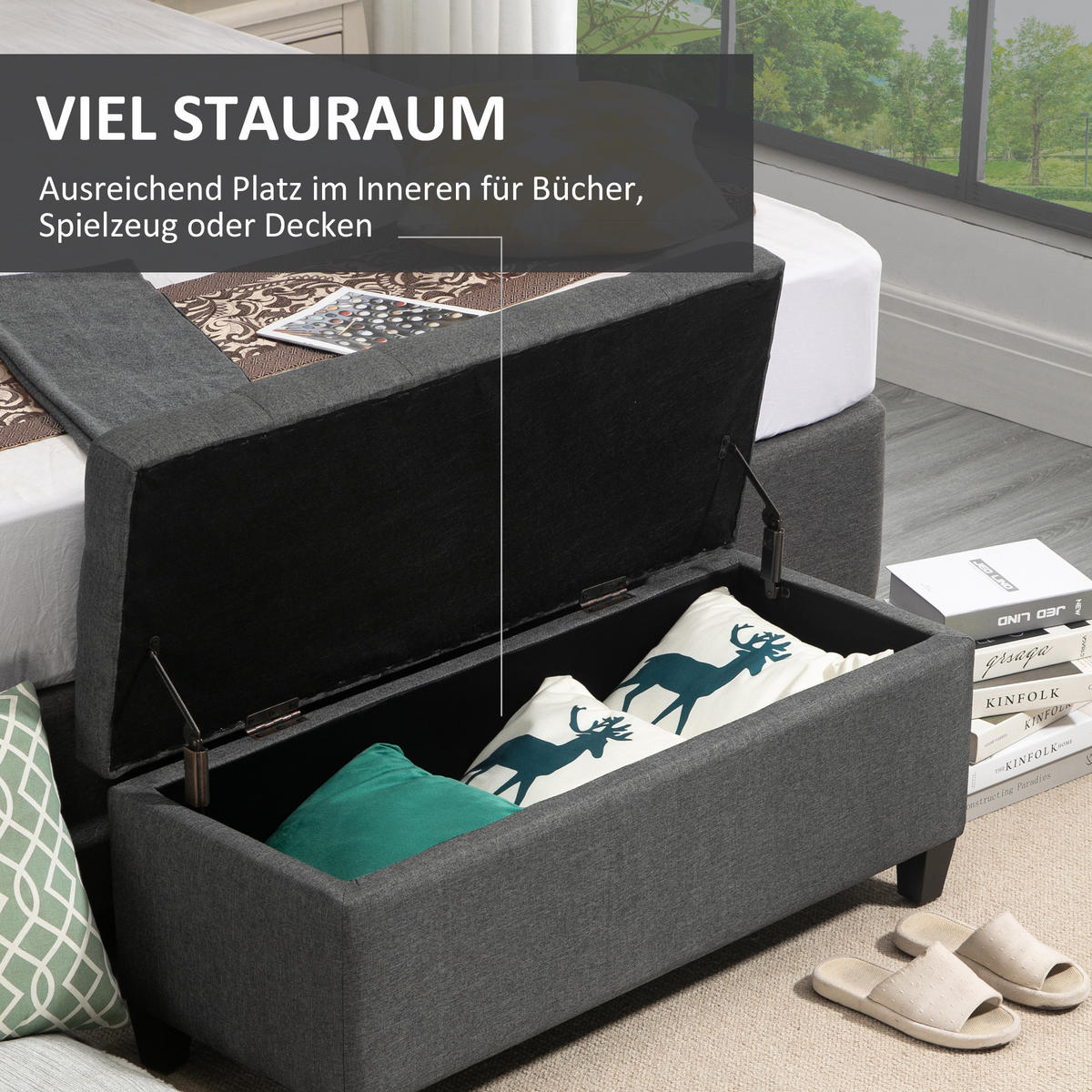 SITZBANK Polsterbank mit Stauraum leinenartiges Polyester holz Dunkelgrau - Dunkelgrau, Kunststoff (40/44/100cm) - HOMCOM