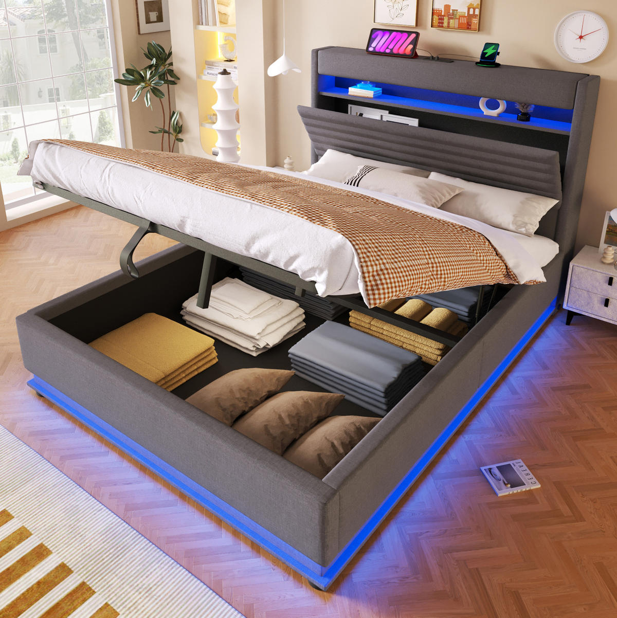 POLSTERBETT 140/200 cm aus Leinen mit LED, USB-C und Stauraum Grau - Flieder, Textil (140/200cm) - Modenvie