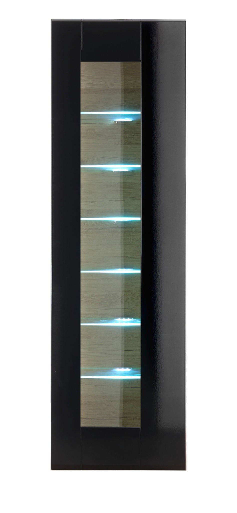 VITRINE schwarz Hochglanz, Grandson Eiche, Vitrinenschrank hängend, stehend 45 x 166 cm - Schwarz Hochglanz/Eichefarben, Glas/Holzwerkstoff (45/166/38cm) - Furn.Design