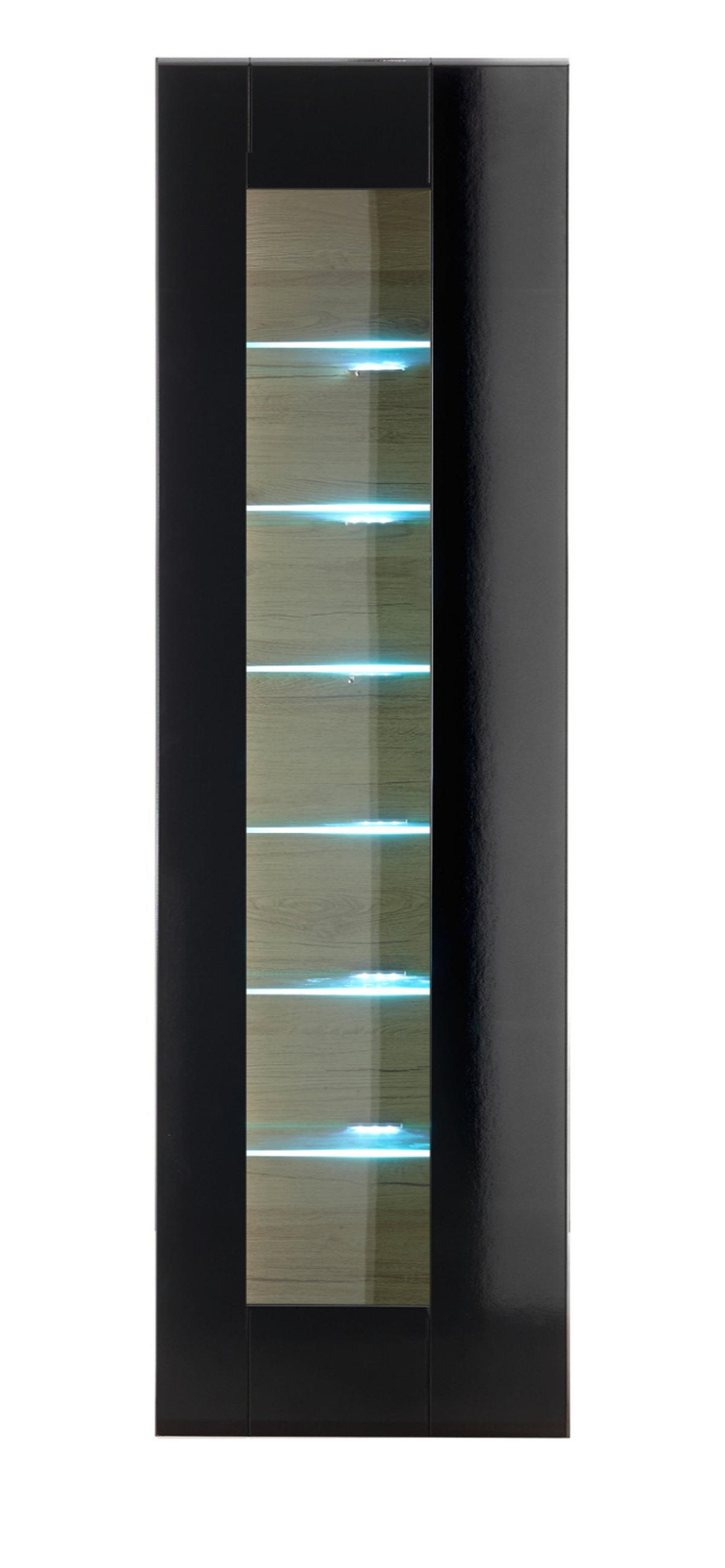 VITRINE schwarz Hochglanz, Grandson Eiche, Vitrinenschrank hängend, stehend 45 x 166 cm - Schwarz Hochglanz/Eichefarben, Glas/Holzwerkstoff (45/166/38cm) - Furn.Design