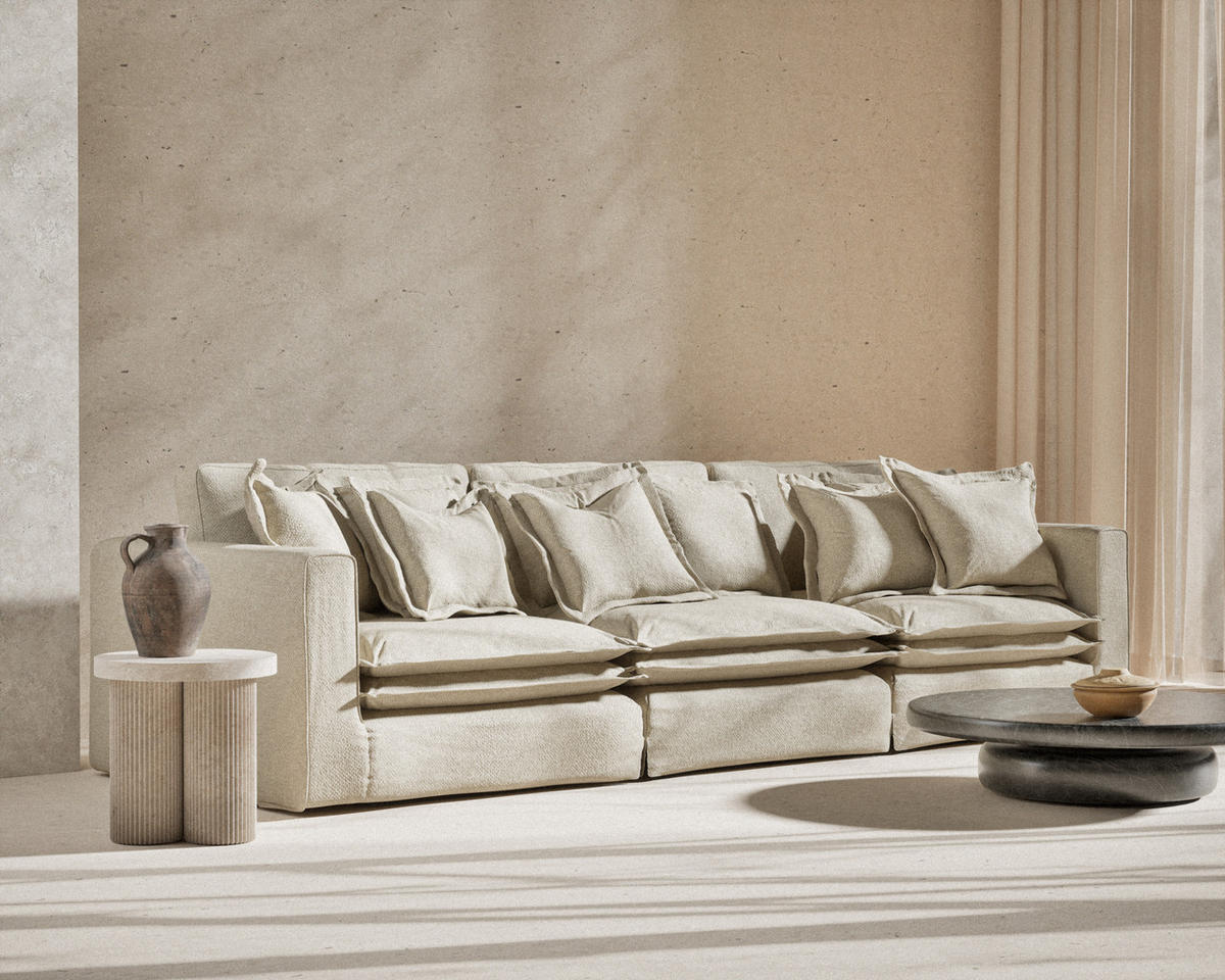 6-SITZER SOFA Amalfi Beige Grau Chenille-Stoff - Beige/Schwarz, Holz/Holzwerkstoff (338/90/119cm) - Maison de Reve