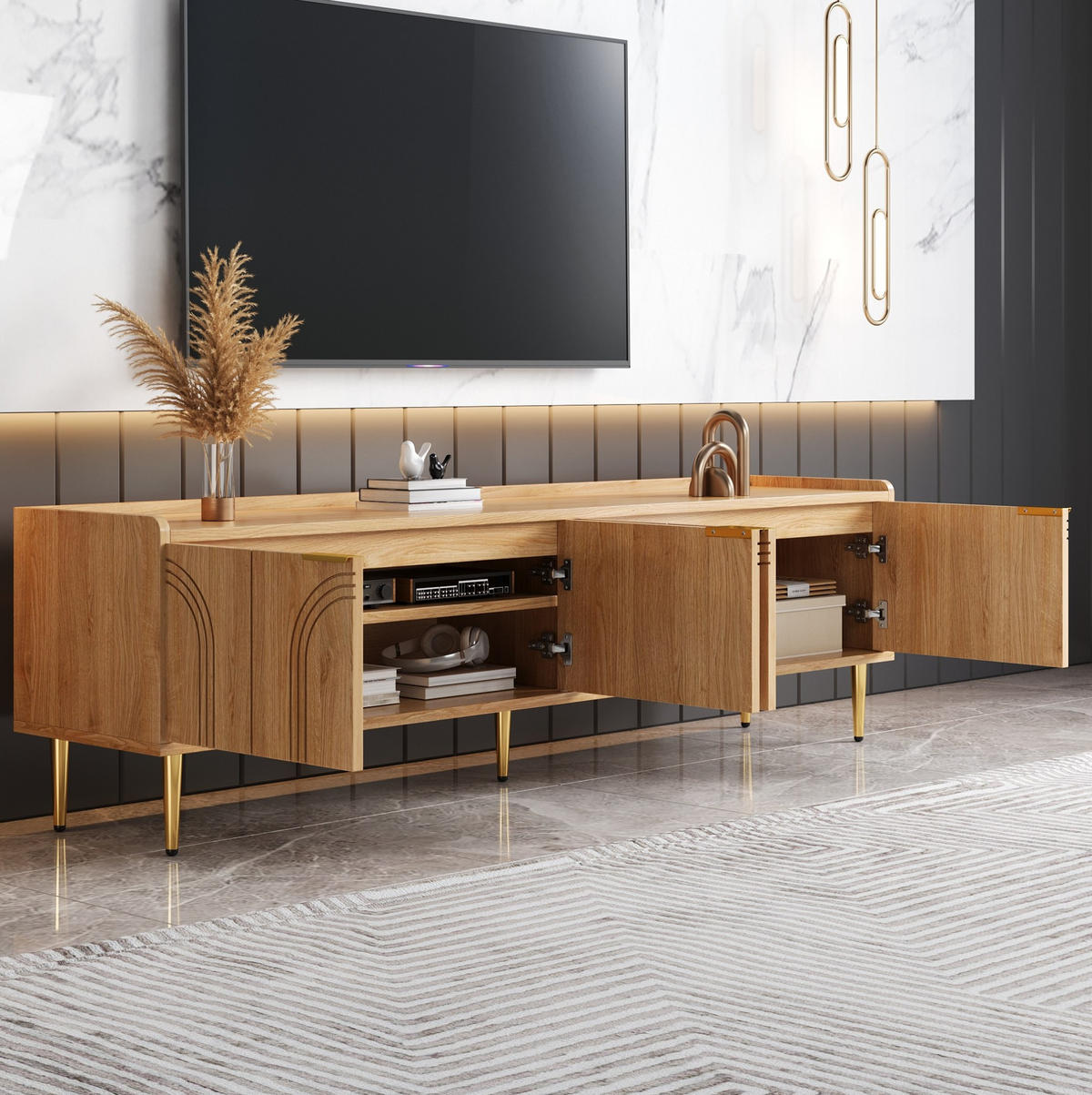 TV-LOWBOARD in Natur mit 3D-Türen und Kabeldurchführungen 170/35/47.5 cm - Naturfarben, Holzwerkstoff (170/47.5/35cm) - Redom