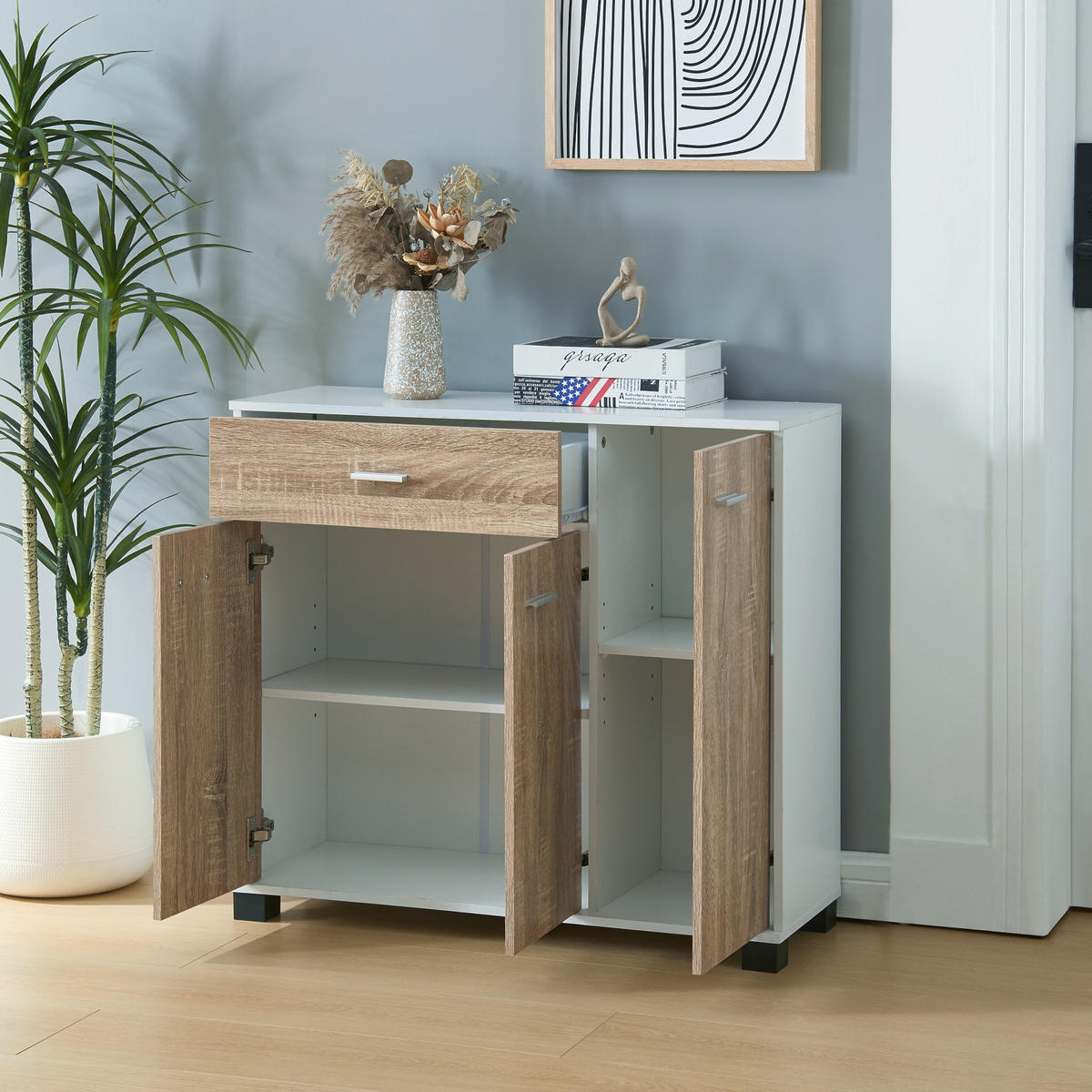 SIDEBOARD Bobeck - Eichefarben/Weiß, Holzwerkstoff (80/72/28cm) - [en.casa]