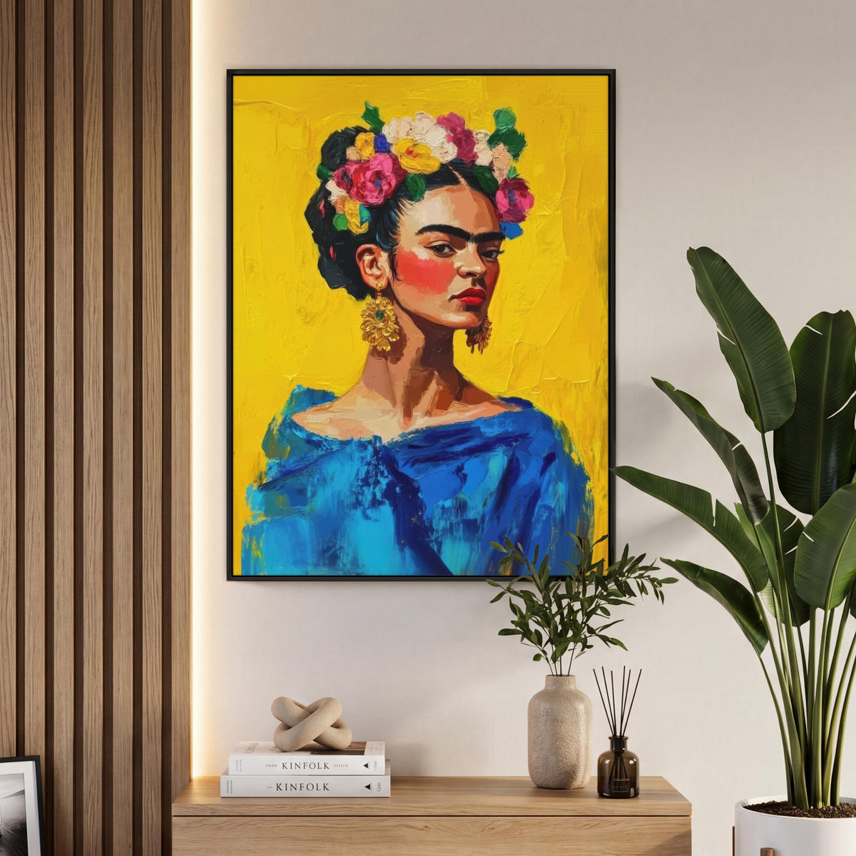 LEINWAND Bilder mit Rahmen - Frida Kahlo - Frau - Gelb - Blau - Blumen - 70x100 - Gelb, Textil (70/100cm) - MuchoWow